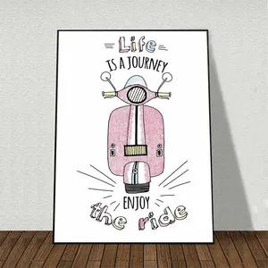 Tranh cô gái váy hồng, xe vespa, chim hồng hạc  và con kỳ lân Unicorn