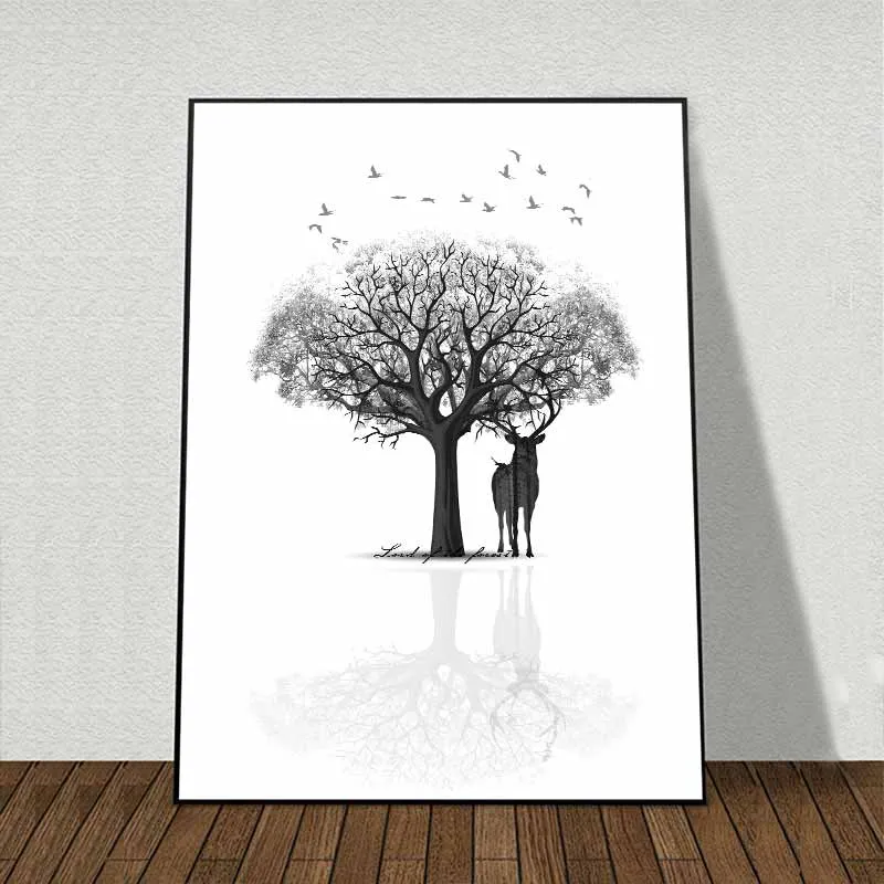 Tranh Nai và Hươu cao cổ trừu tượng đứng dưới cây khô