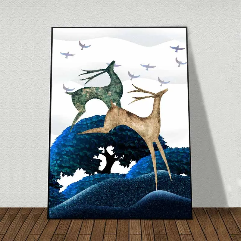 Tranh đàn nai cách điệu và chạy nhảy trền đồi núi trừu tượng