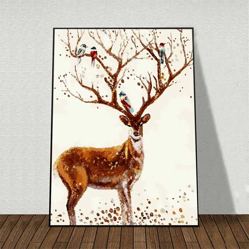 Tranh Nai trừu tượng nhiều màu sắc với hoa và chim trên sừng