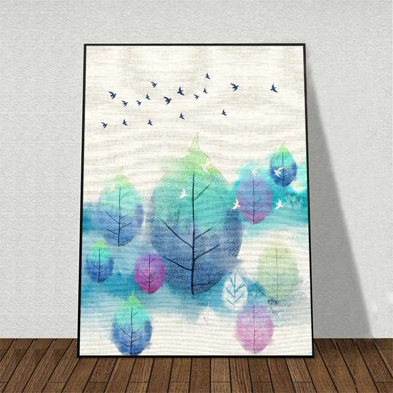 Tranh đàn nai trừu tượng đang chạy nhảy bên khu rừng lá xanh