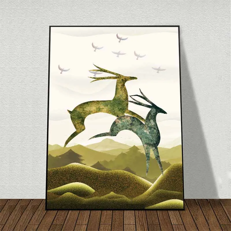 Tranh đàn nai cách điệu chạy nhảy trên đồi núi vàng trừu tượng