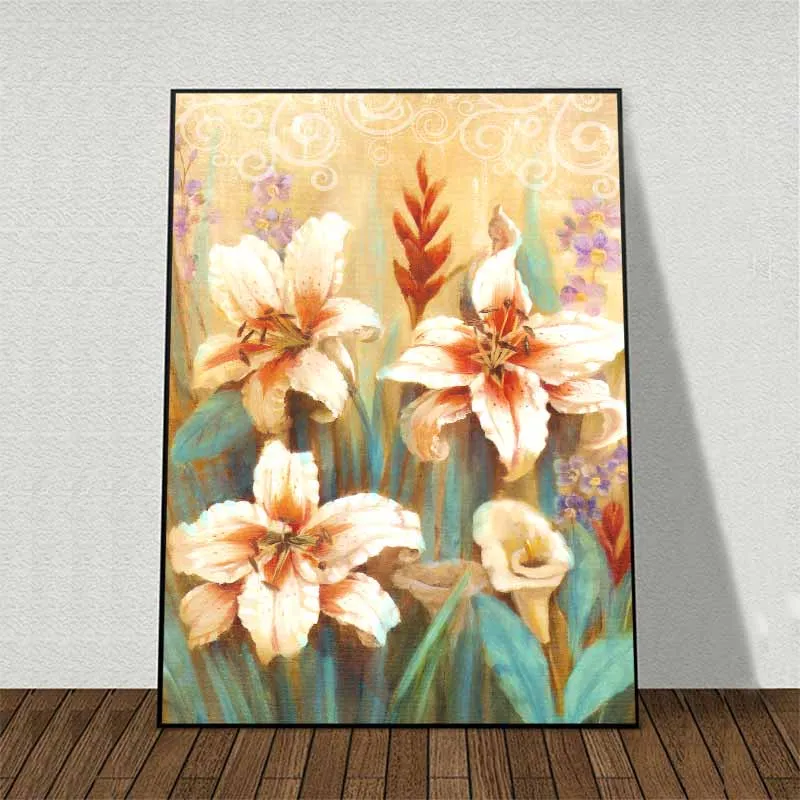 Tranh bình hoa hồng vàng, trắng, đỏ và hoa Dâm bụt