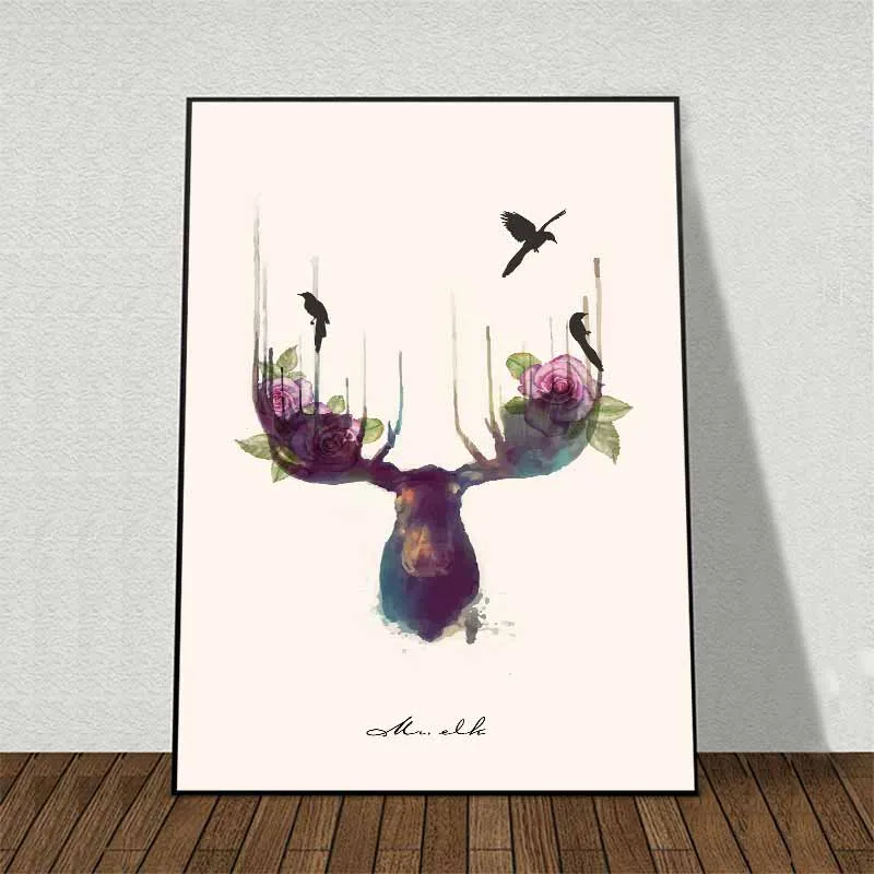 Tranh đầu nai trừu tượng, chim và lông chim nhiều màu sắc