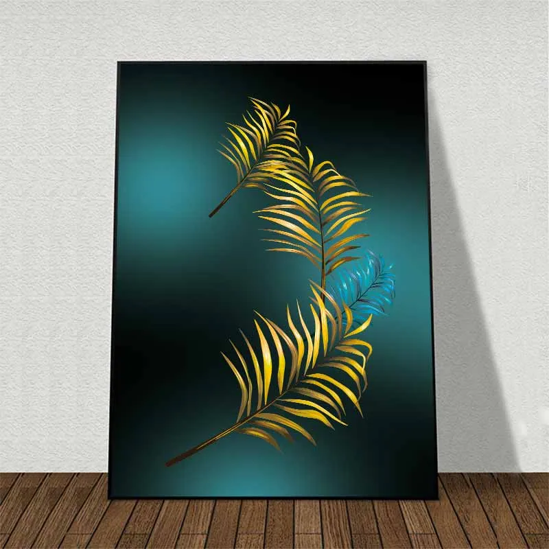 Tranh canvas lá cây nhiệt đới và lông chim trừu tượng