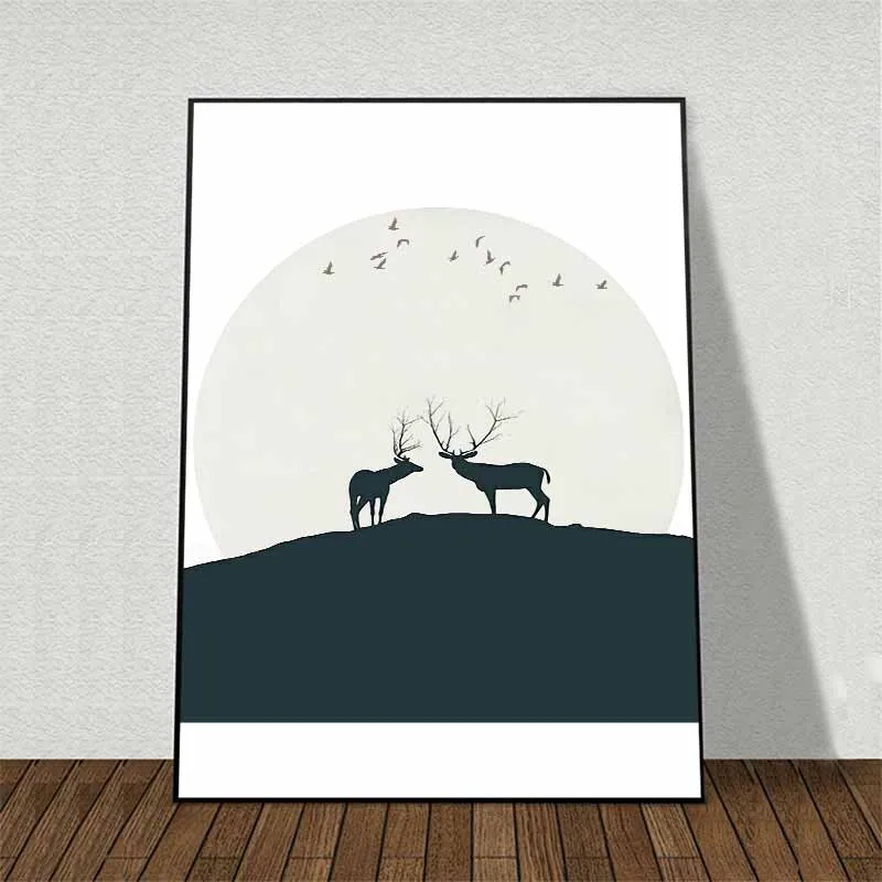 Tranh Nai trừu tượng đứng trên mỏm đá