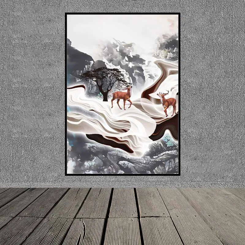 Tranh trừu tượng núi đồi và đàn hươu nai