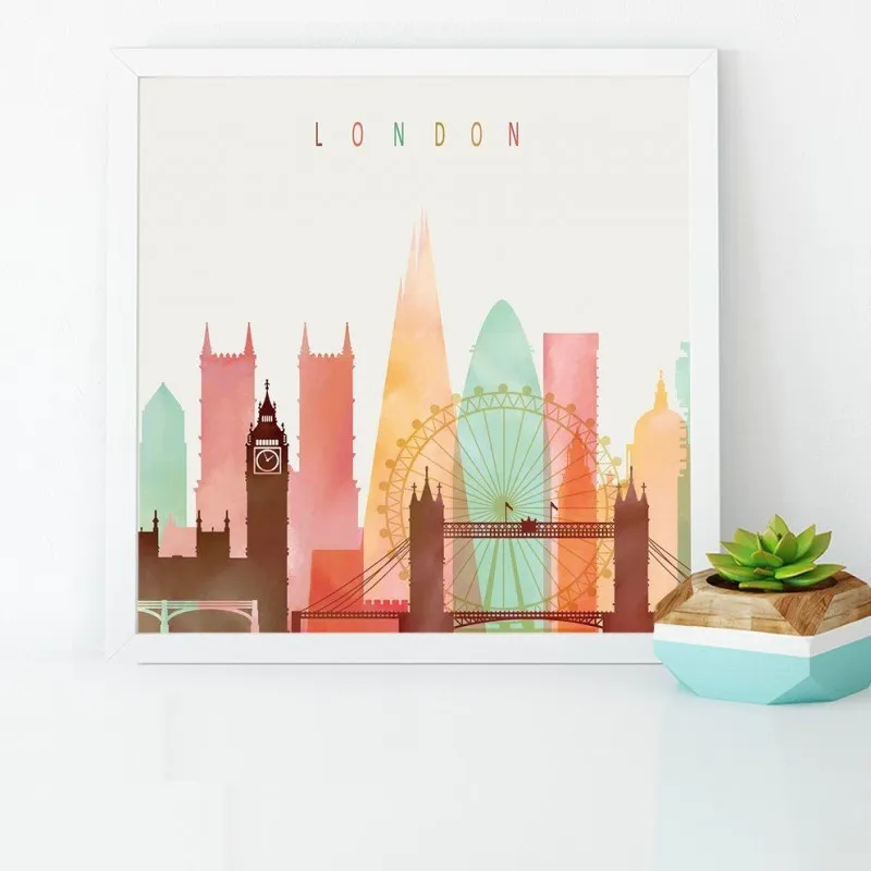 Tranh khổ vuông phong cảnh thành phố Big Ben, London Bridge, New York, Eiffel