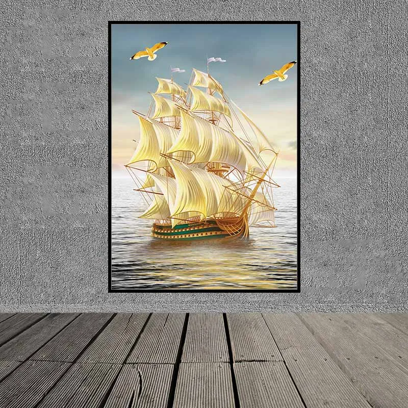 Tranh phong thủy đàn cá heo và thuyền buồm vàng