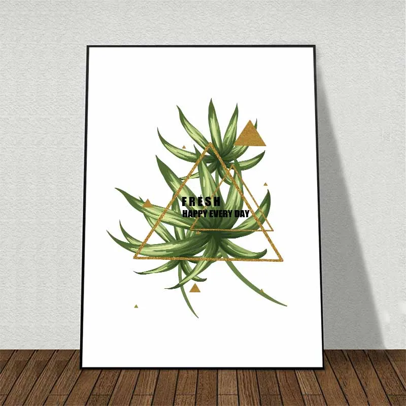 Tranh lá cây nhiệt đới kết hợp chữ Fresh Happy Everyday cùng với khung viền hình học