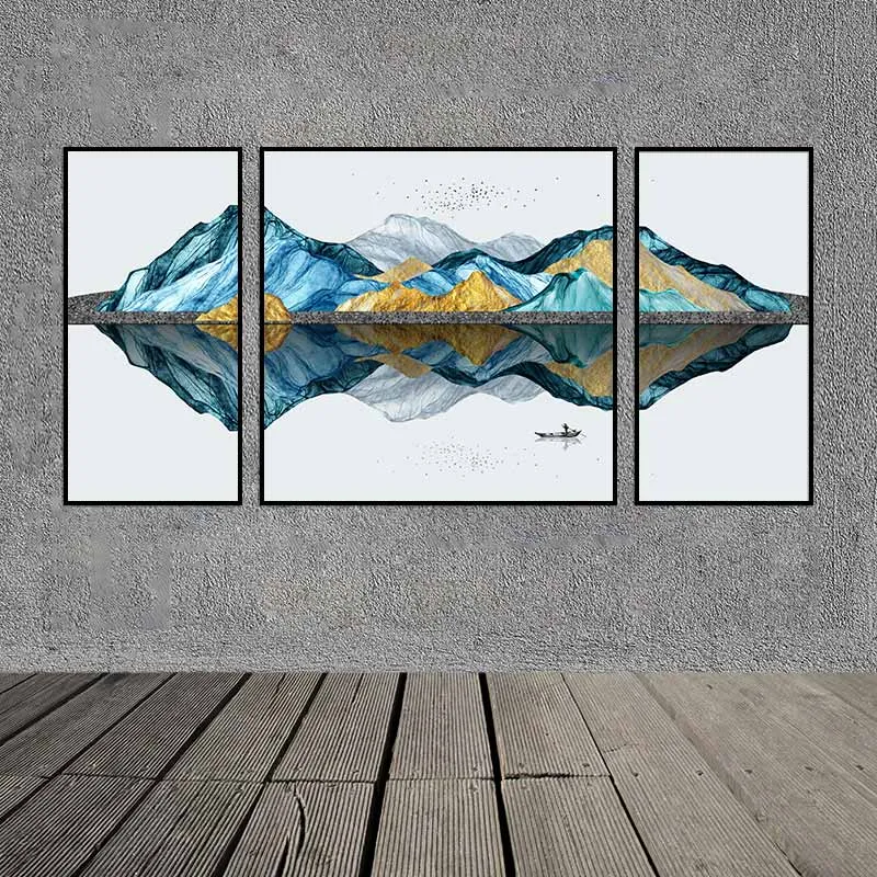 Tranh phong cảnh người chèo thuyền trên sông, đồi núi trừu tượng treo phòng ngủ