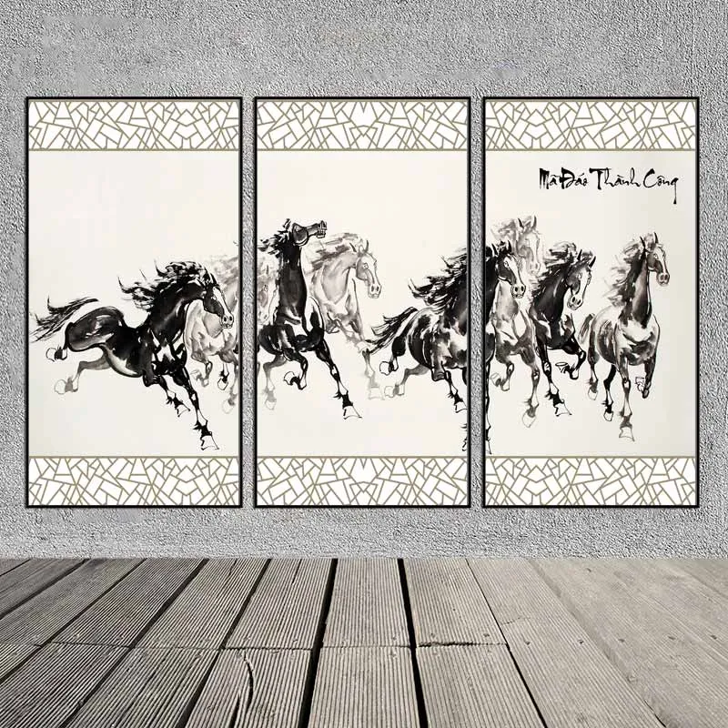 Tranh bát mã, mã đáo thành công theo phong cách tranh thủy mặc