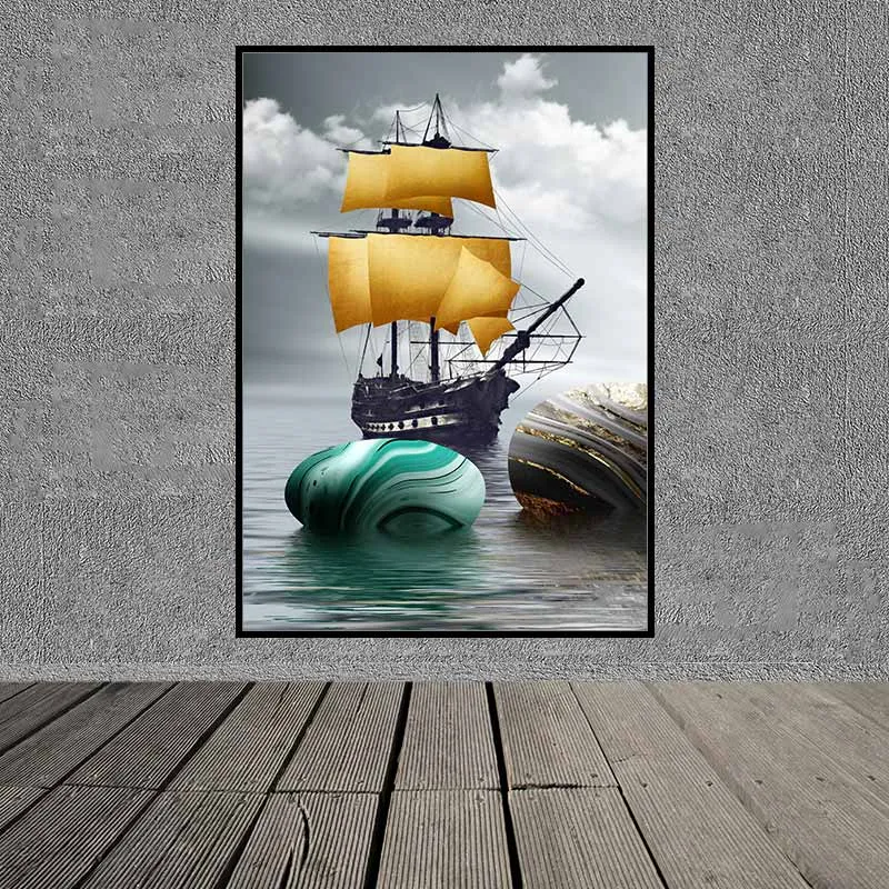 Tranh thuyền cánh buồm vàng và đàn nai vàng trừu tượng