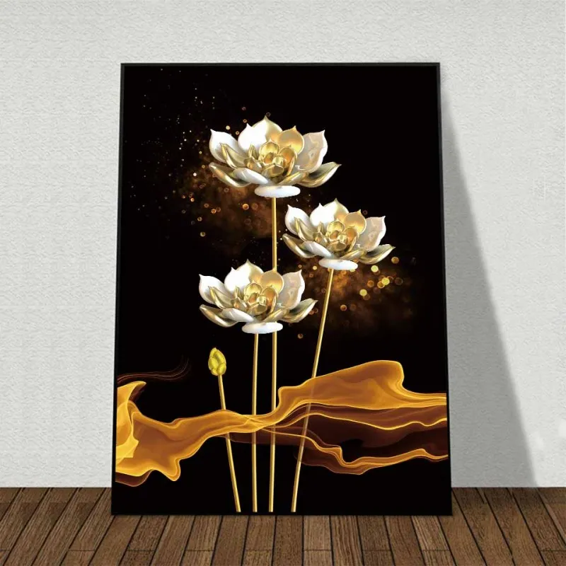 Tranh canvas hoa sen trắng trên nền vàng đen trừu tượng
