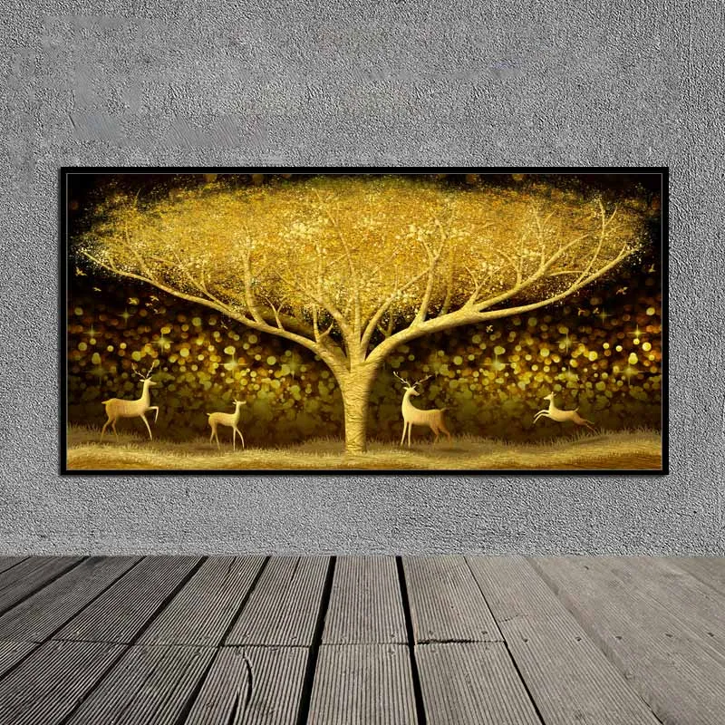 Tranh canvas đàn nai và rừng cây vàng trừu tượng