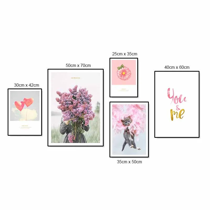 Tranh canvas Scandinavian mèo, bóng bay trái tim, cô gái cầm hoa và chữ You and Me