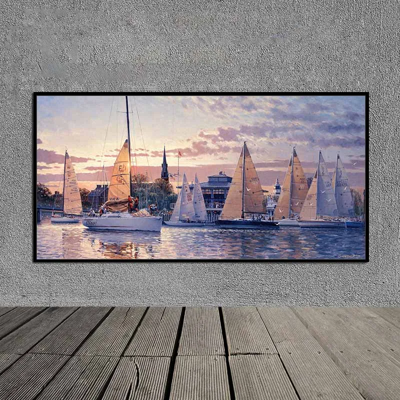 Tranh thuyền buồm và mòng biển tại cảng biển