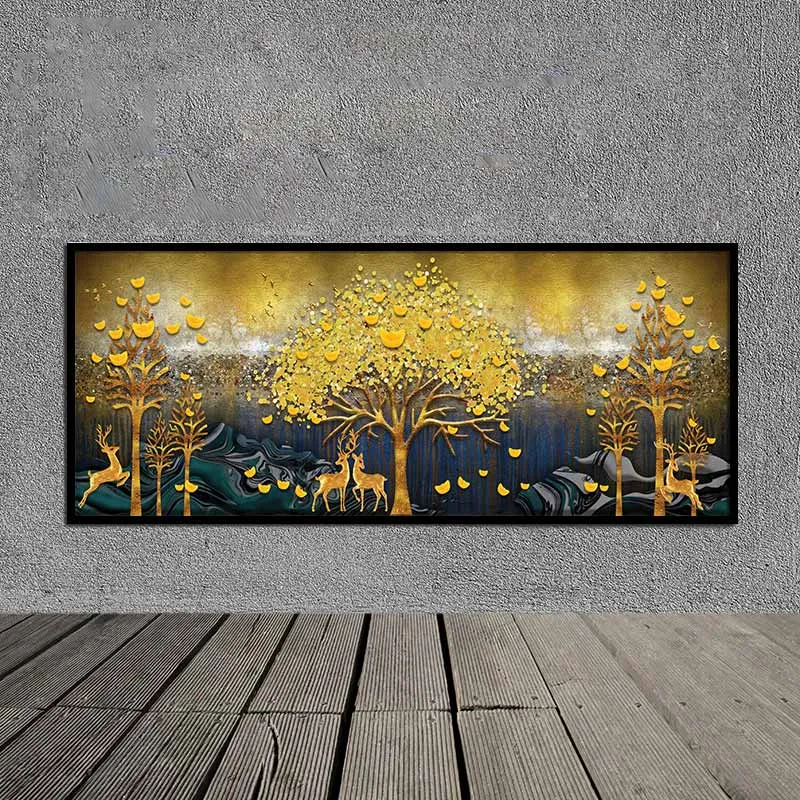 Tranh đàn nai dưới cây lá vàng và các thỏi vàng đang rơi xuống