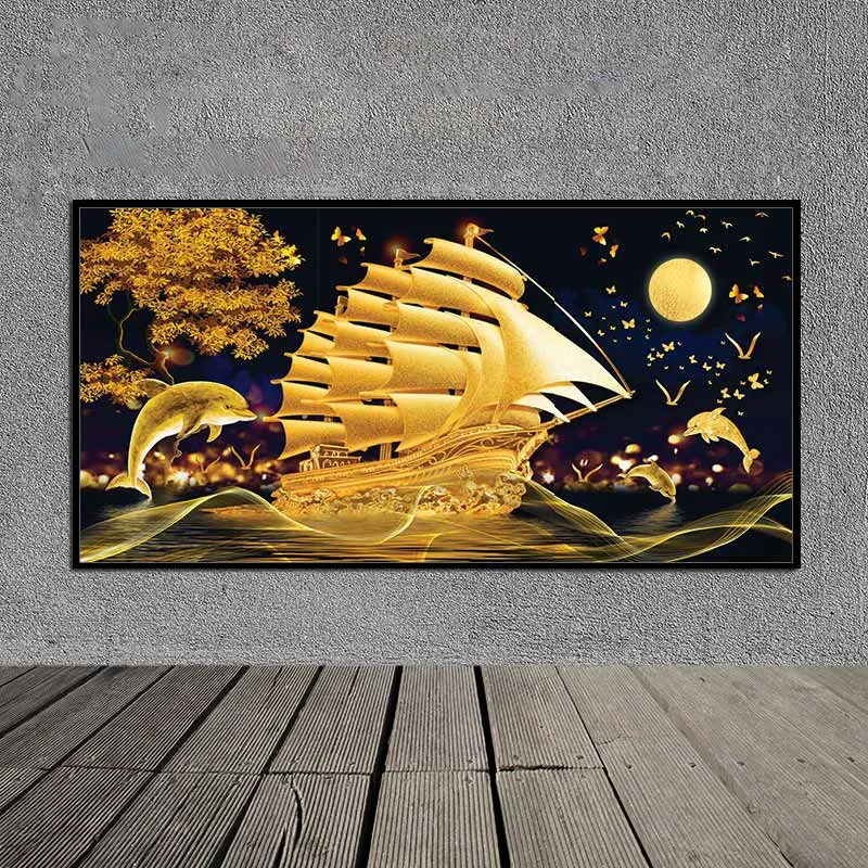 Tranh thuyền buồm và đàn cá heo vàng phong thủy