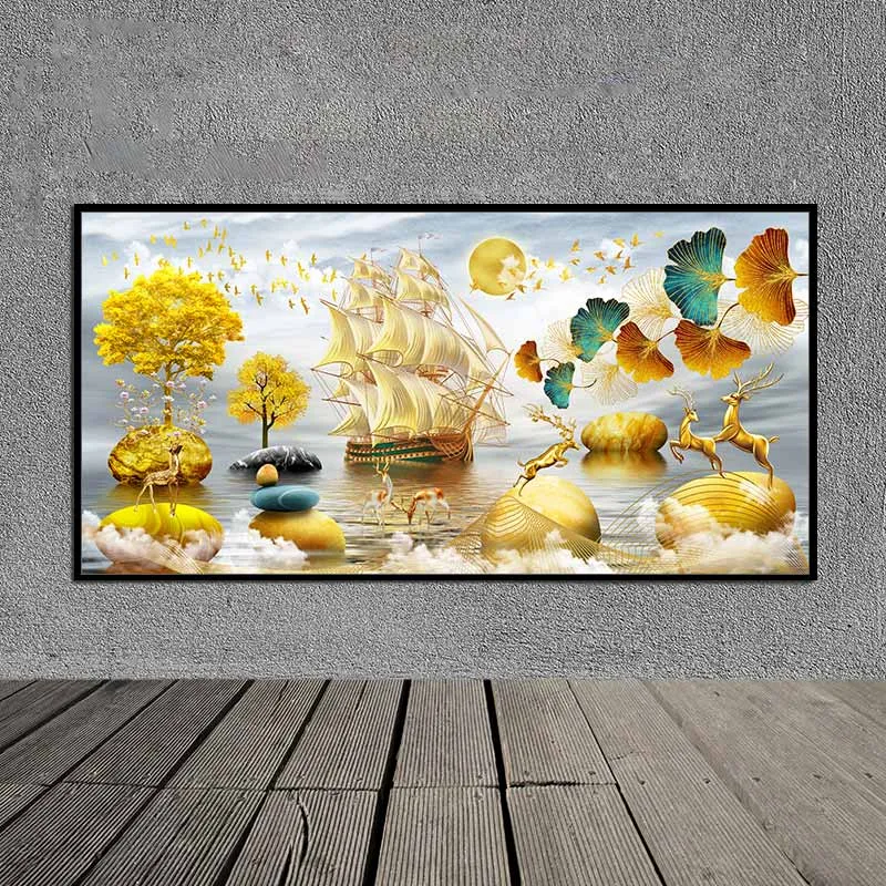 Tranh thuận buồm xuôi gió, đàn nai tài lộc trên những tảng đá phong thủy