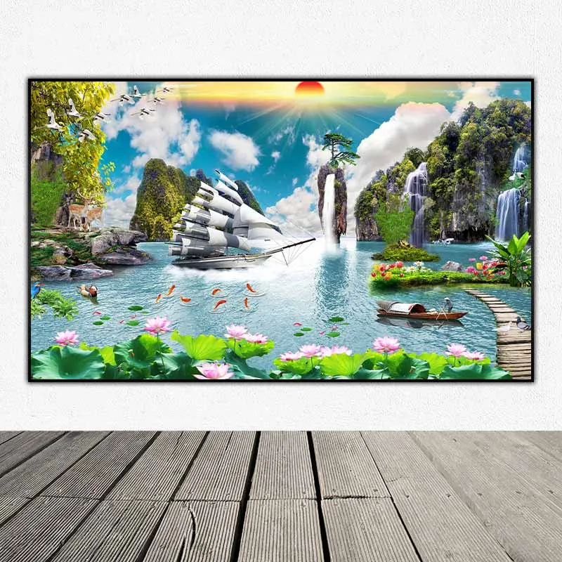 Tranh thuận buồm trên nền thác nước, hoa sen hồng, người trèo thuyền và đôi vịt uyên ương