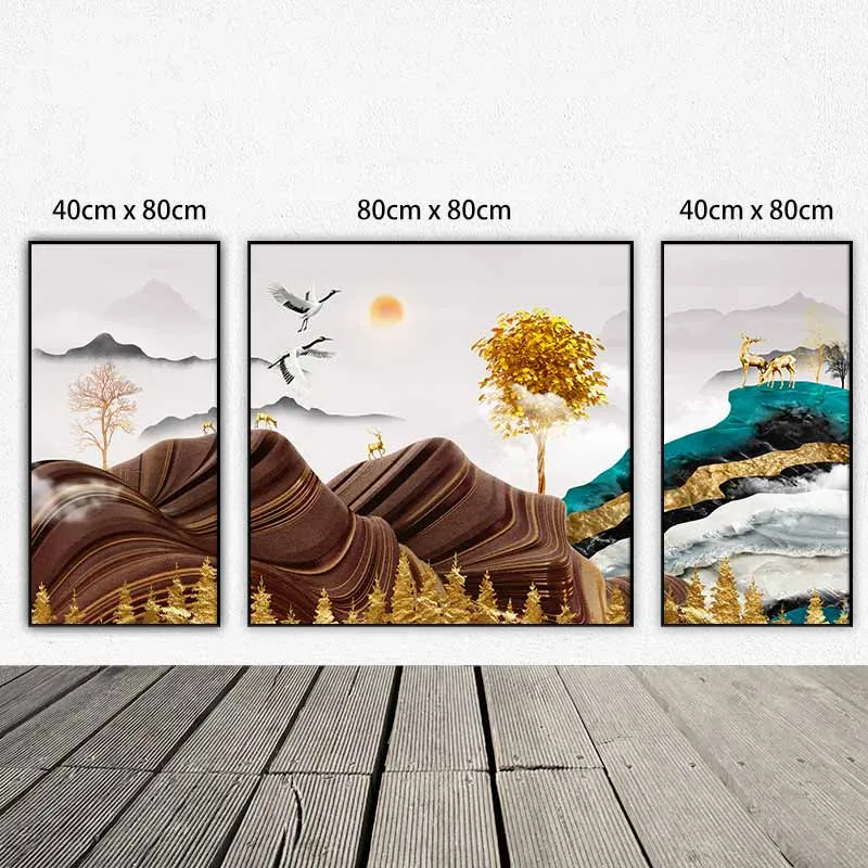 Tranh đàn nai đứng dưới tán cây lá vàng trên đỉnh đồi núi trừu tượng và đôi chim hạc