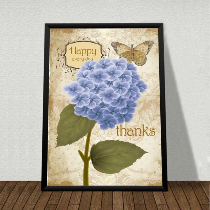 Tranh hoa và bướm kết hợp chữ Happy Thanks