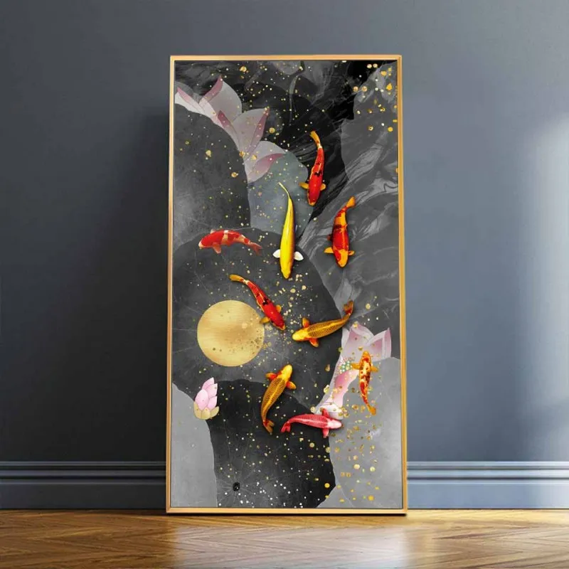 Tranh canvas 6 tấm phong thủy cửu ngư 9 con cá chép và hoa sen