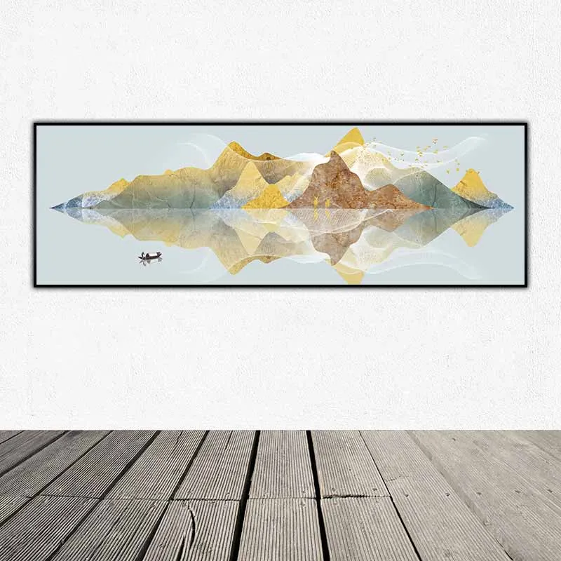 Tranh phong cảnh đồi núi trừu tượng và con thuyền trên sông