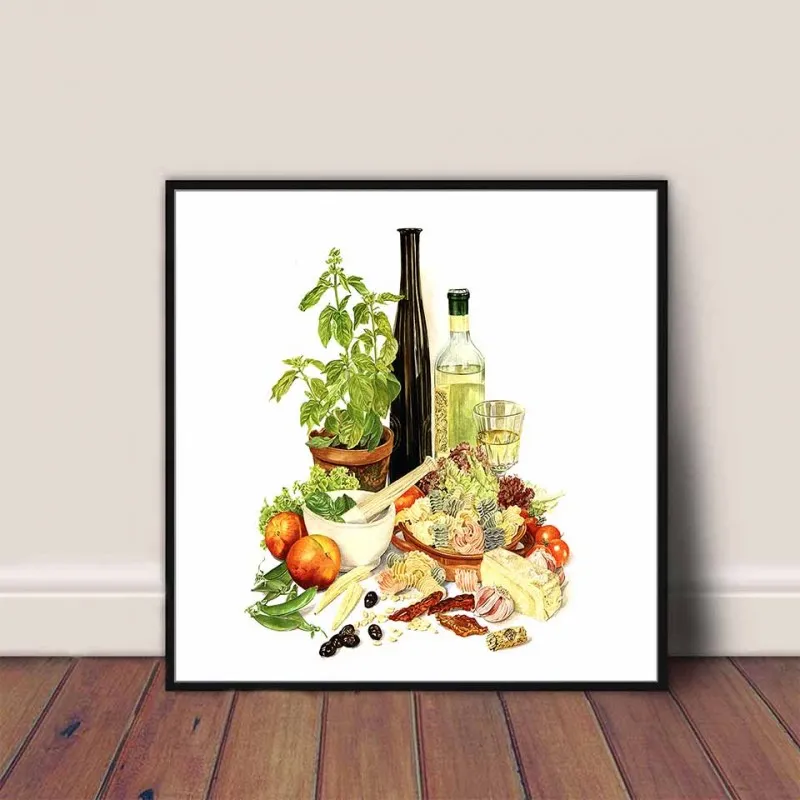 Tranh canvas chai rượu vang, hoa quả, trái cây, bắp cải, hành tỏi