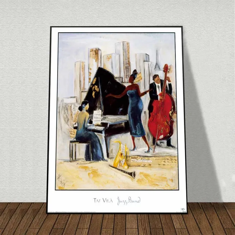 Tranh canvas trừu tượng Jazz Band, nhóm nhạc jazz, đàn đại dương cầm, đàn Cello