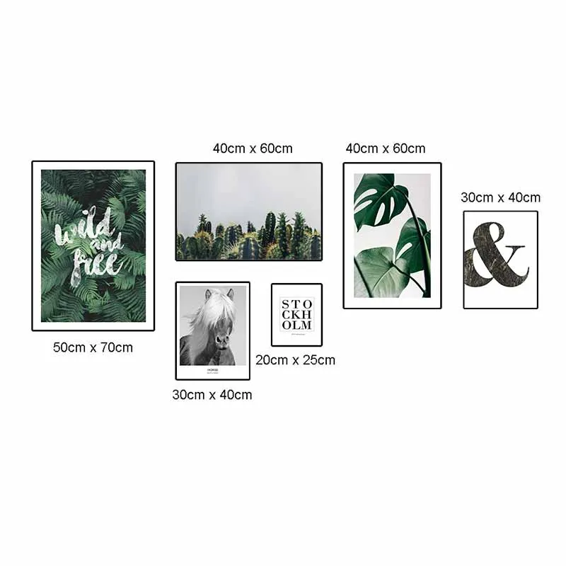 Tranh Canvas Scandinavian lá cây nhiệt đới và ngựa kết hợp chữ