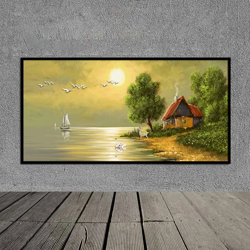 Tranh phong cảnh ngôi nhà ven sông