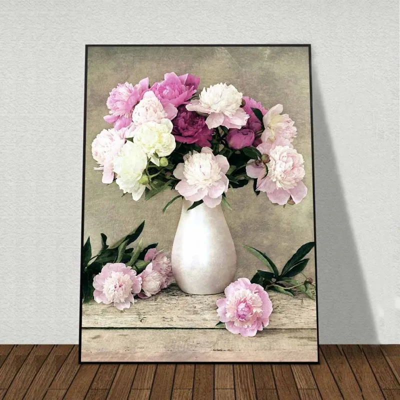 Tranh bộ tĩnh vật 3 bình hoa Anemone hồng, hoa Campanula tím và hoa Peony