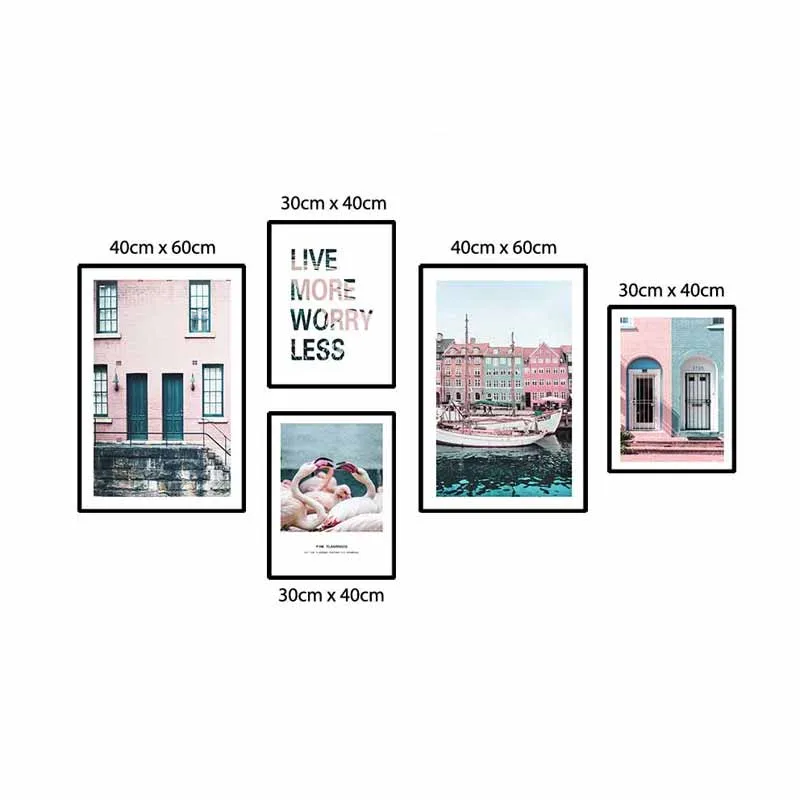 Tranh Scandinavian phong cảnh thành phố bên dòng sông và chim hồng hạc