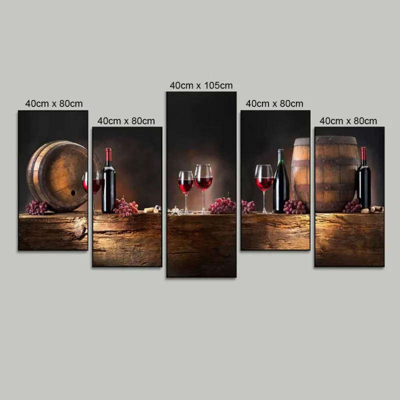 Tranh thùng gỗ chứa rượu vang, ly rượng và chai rượu vang đỏ