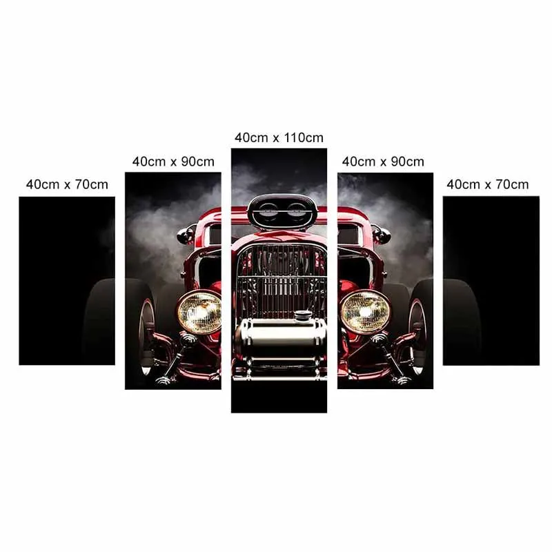 Tranh ghép xe ô tô cổ màu đỏ trên nền đen trắng
