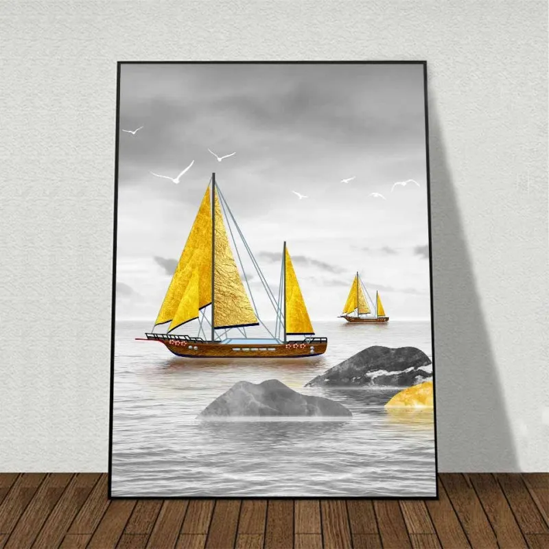 Tranh canvas thuyền buồm vàng, cây dừa vàng trừu tượng và sếu đầu đỏ Nhật Bản