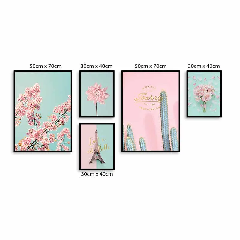 Tranh tháp Eiffel, cúc bất tử, hoa anh đào, hoa ly và xương rồng