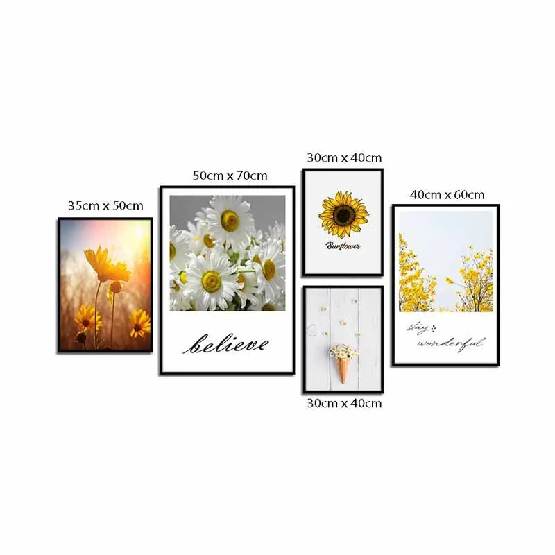 Tranh bộ hoa cúc trắng, hoa hướng dương kết hợp chữ