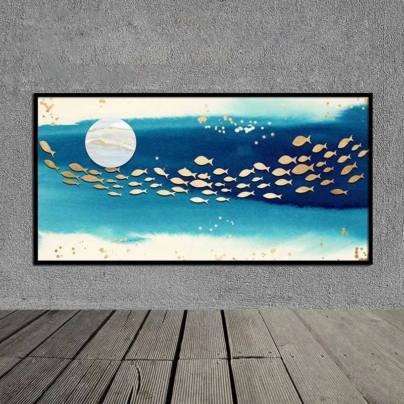 Tranh canvas trừu tượng đàn cá bơi lội dưới mặt trăng