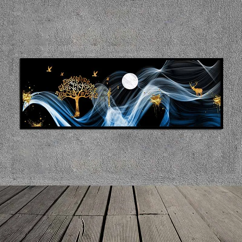 Tranh canvas trừu tượng làn khói, cây và nai