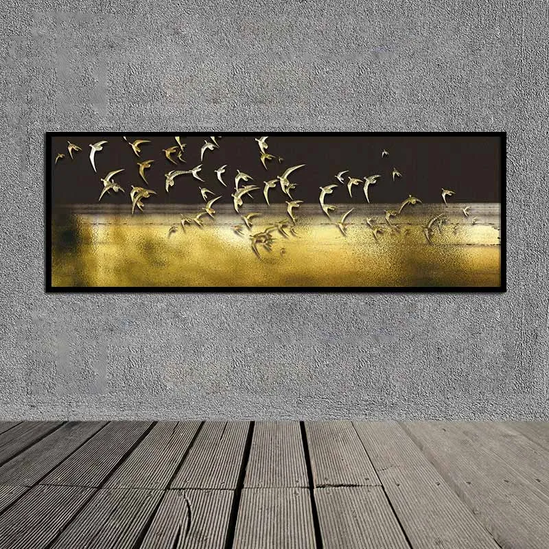 Tranh canvas đàn chim vàng trừu tượng khổ dài