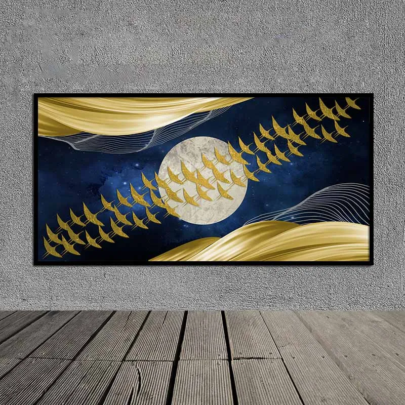 Tranh trừu tượng đàn chim bay ngang mặt trăng