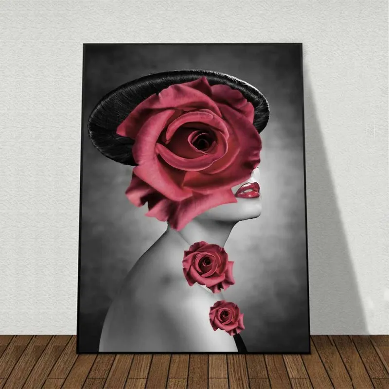 Tranh canvas chân dung cô gái và bông hoa hồng che mặt