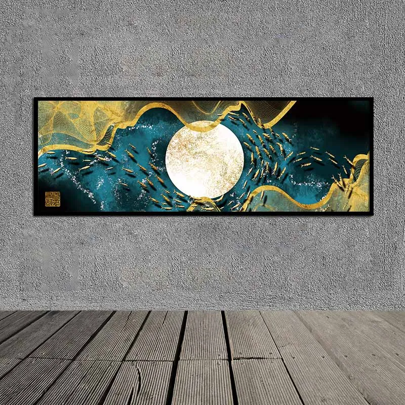 Tranh canvas đàn chim cá trừu tượng bơi xung quanh bóng trăng