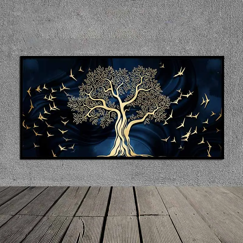 Tranh canvas cây và đàn chim trừu tượng vàng gold trên nền xanh