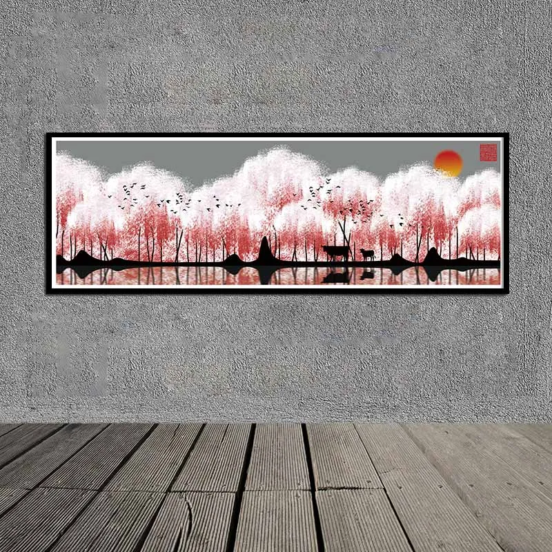 Tranh canvas phong cảnh sông nước với hàng cây đỏ trừu tượng