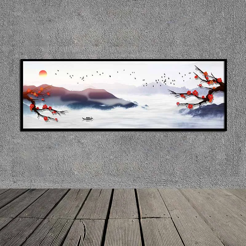 Tranh canvas phong cảnh con thuyền trên dòng sông và cây đào hoa đỏ