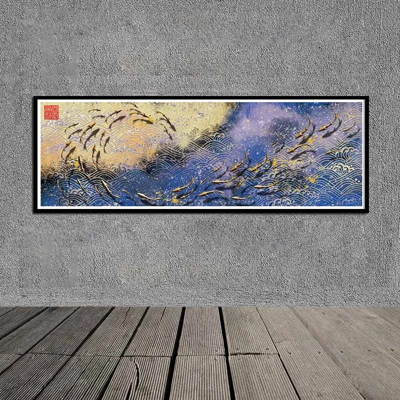 Tranh canvas trừu tượng đàn cá đang chơi đùa những con sóng